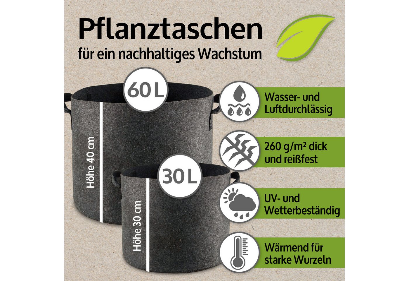 Zooprinz Pflanzkübel Pflanzsäcke 6er Set je 30 Liter, Vliesstoff 260 g/m² (6 St), 260 g/m² Vliesstoff, Wasserabfluss, UV- und witterungsbeständig Bild 4