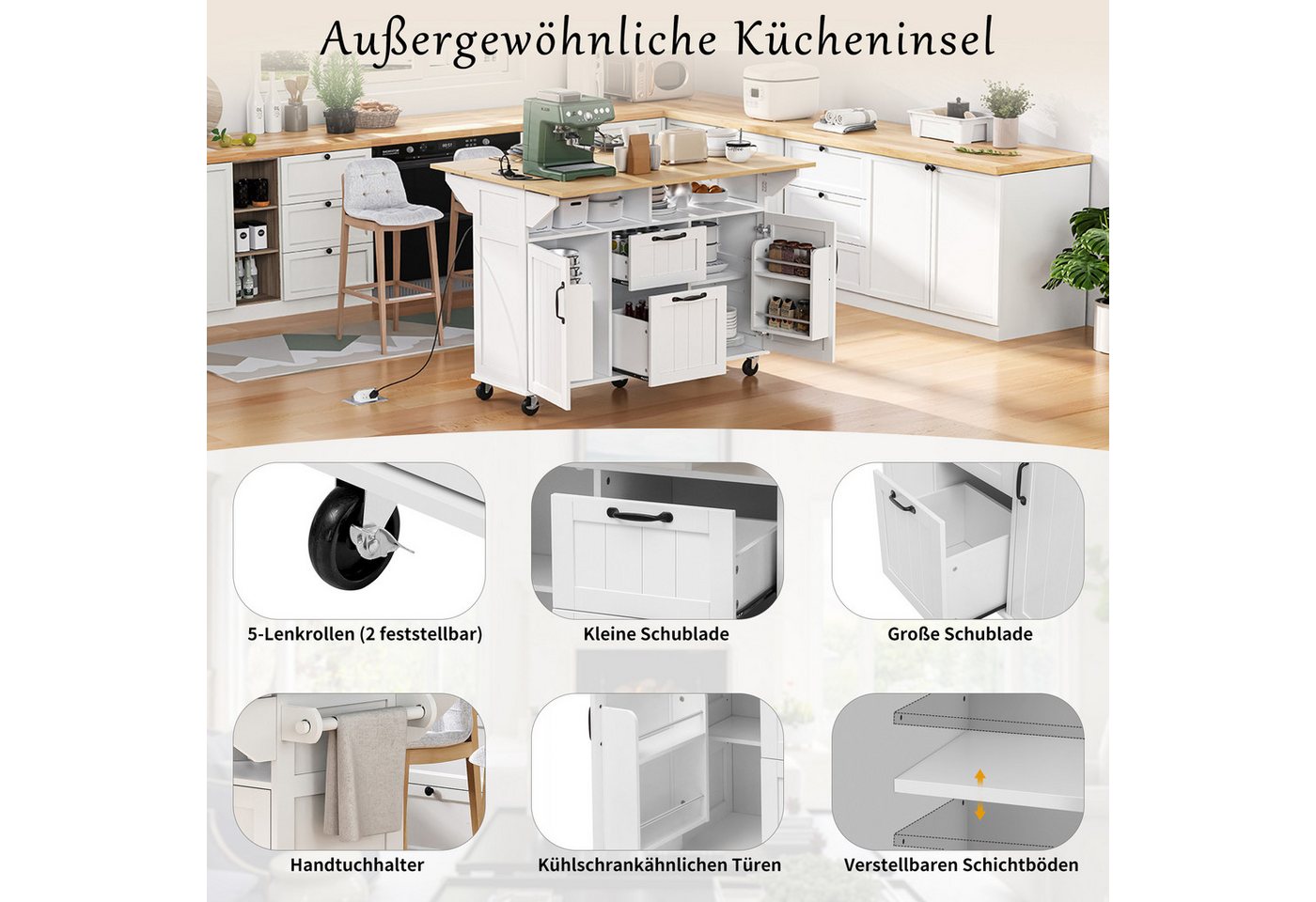Odikalo Kücheninsel Ausziehbar Esstisch Rollen Schubladen Küchenwagen Steckdosenleisten Bild 3
