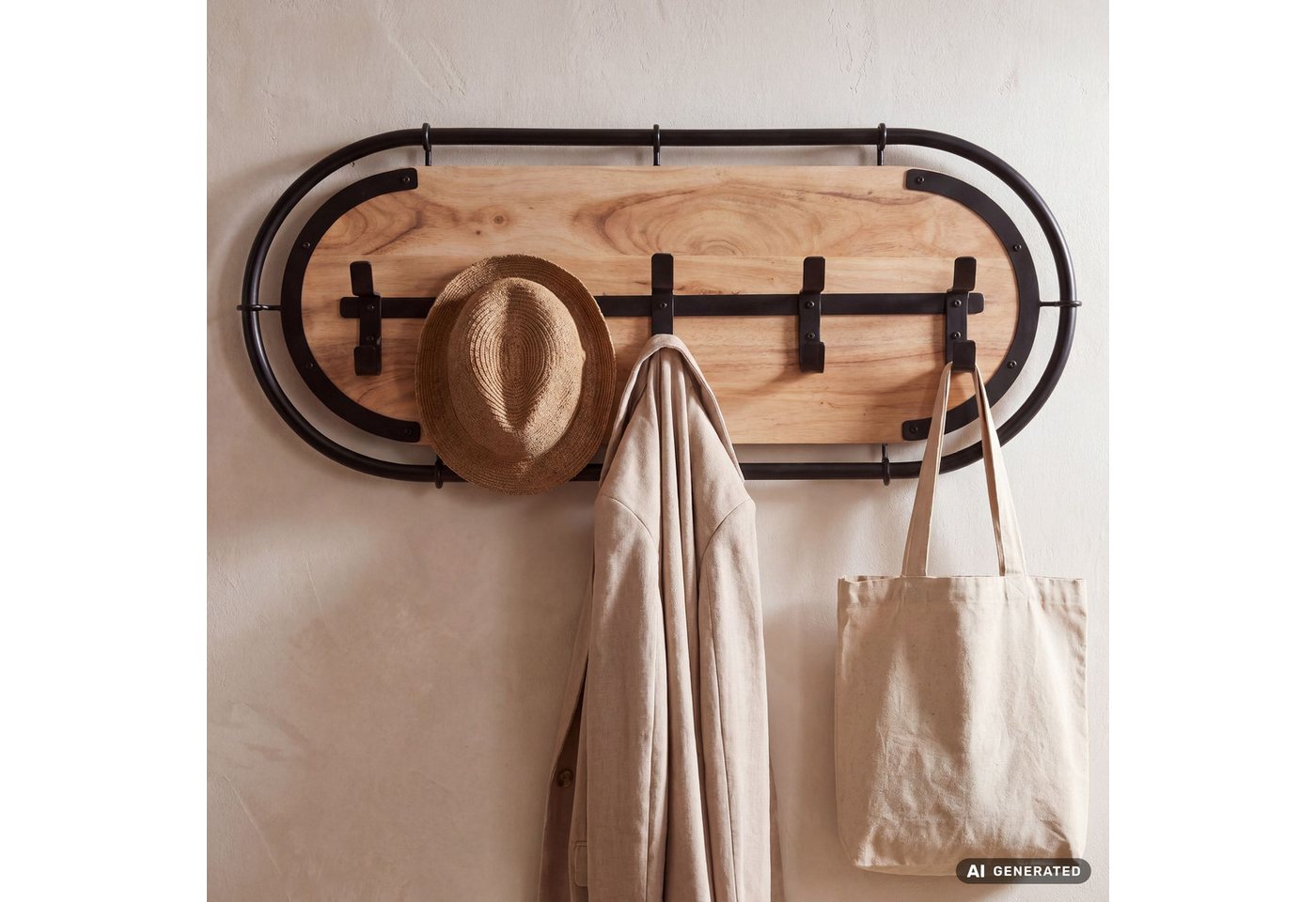 FINEBUY Wandgarderobe FB82159 Hängegarderobe 80cm Garderobe Flurgarderobe Massivholz Metall (Garderobenpaneel mit fünf Haken für deinen Flur), Garderobenleiste mit ovalem Metallrahmen