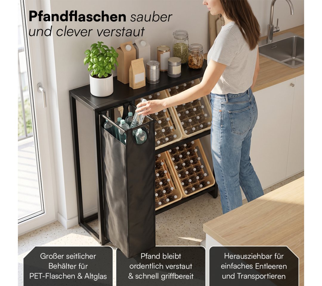 STEELSØN Flaschenregal Aether, Getränkekistenregal aus Metall mit Ablage und Pfandbehälter, für 4 Kisten, Kistenregal, abnehmbarer Pfandflaschen Sammelbehälter Bild 2
