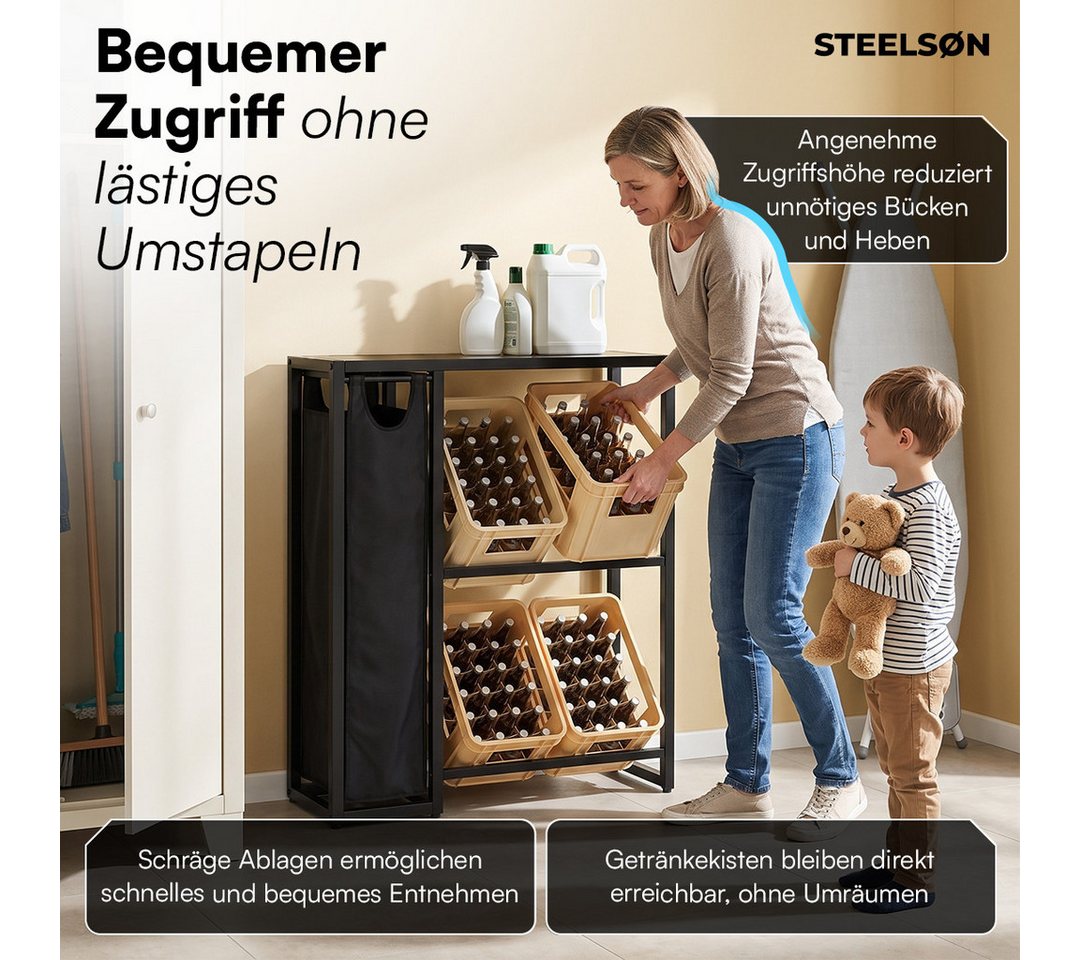 STEELSØN Flaschenregal Aether, Getränkekistenregal aus Metall mit Ablage und Pfandbehälter, für 4 Kisten, Kistenregal, abnehmbarer Pfandflaschen Sammelbehälter Bild 3