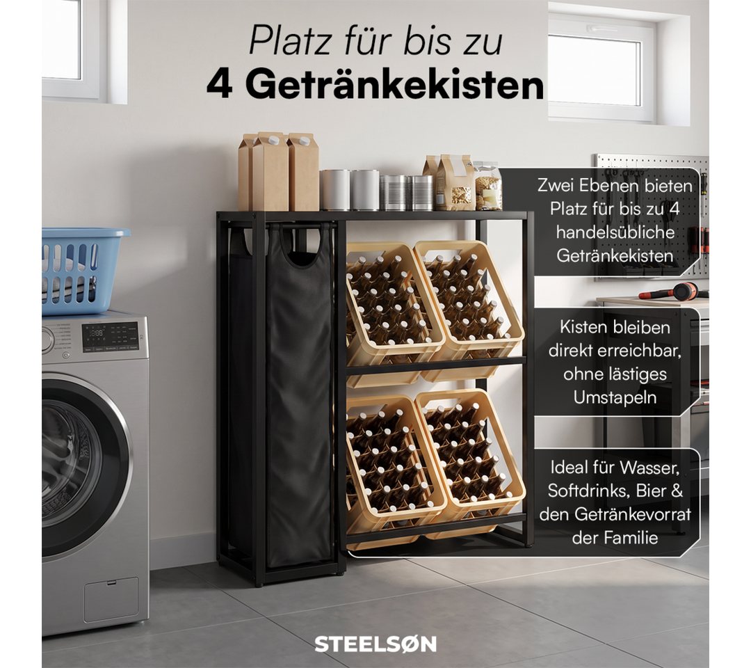STEELSØN Flaschenregal Aether, Getränkekistenregal aus Metall mit Ablage und Pfandbehälter, für 4 Kisten, Kistenregal, abnehmbarer Pfandflaschen Sammelbehälter Bild 4