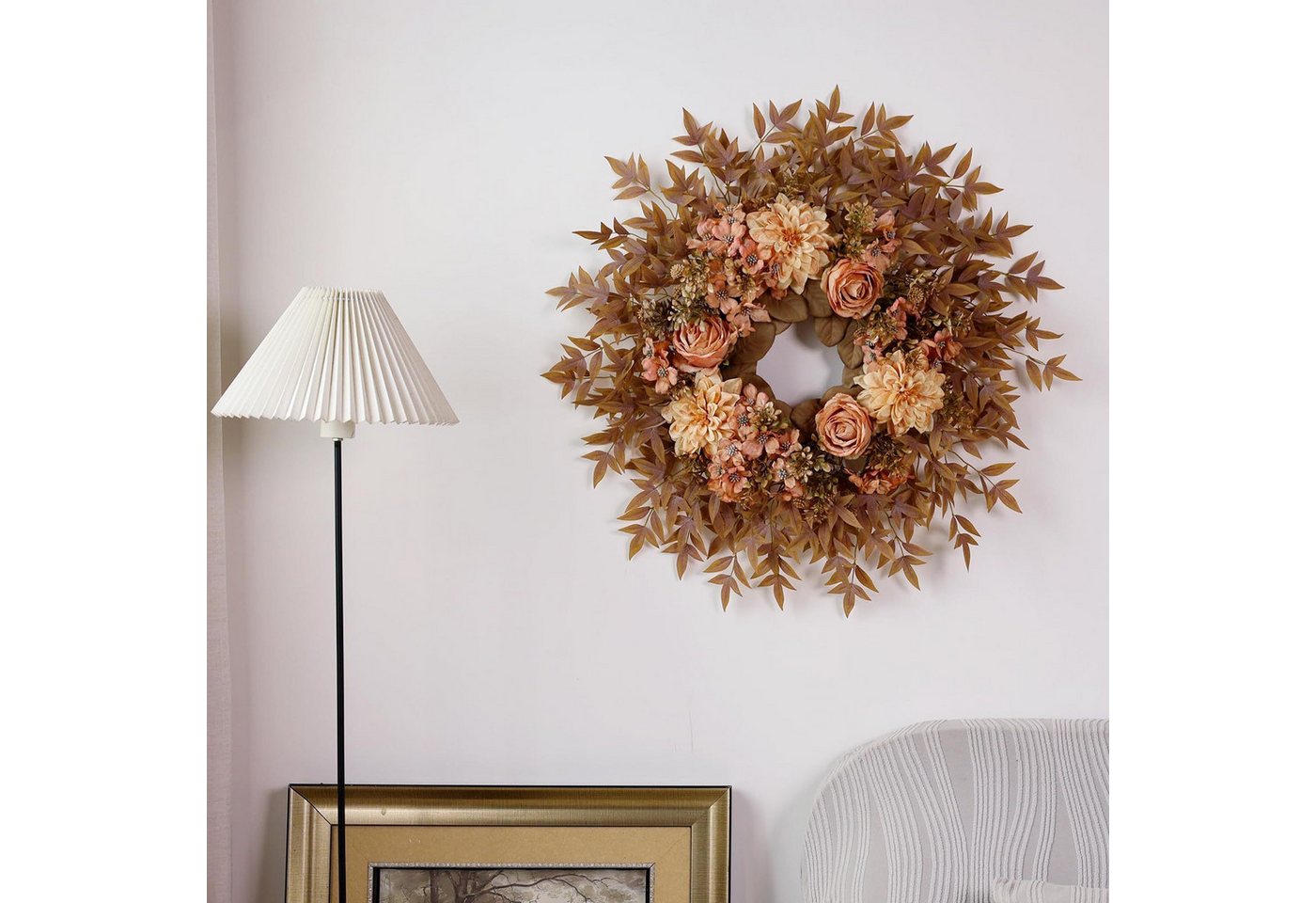 Bomiclss Dekokranz 61cm Herbstkranz künstlicher Seidenrosen-Dahlien-Blumenkranz, für Haustür,Veranda, Fenster, Wand, Außenbereich und Herbstdekoration