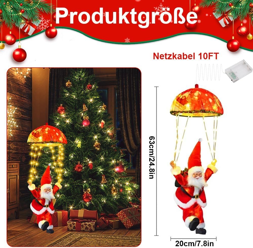 FELIXLEO LED Kugelleuchte Weihnachtsmann Lichterkette Fallschirm 70 LEDs, Warmweiß mit Timer