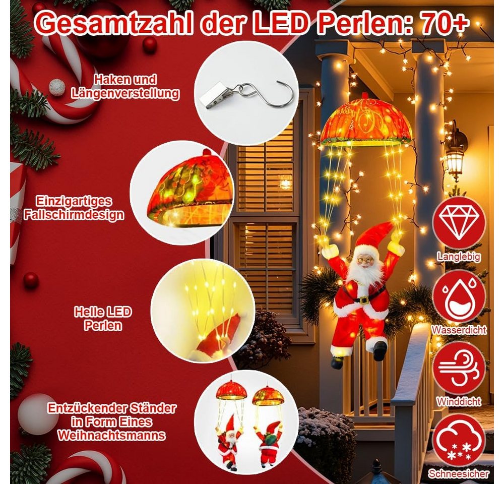 FELIXLEO LED Kugelleuchte Weihnachtsmann Lichterkette Fallschirm 70 LEDs, Warmweiß mit Timer Bild 2