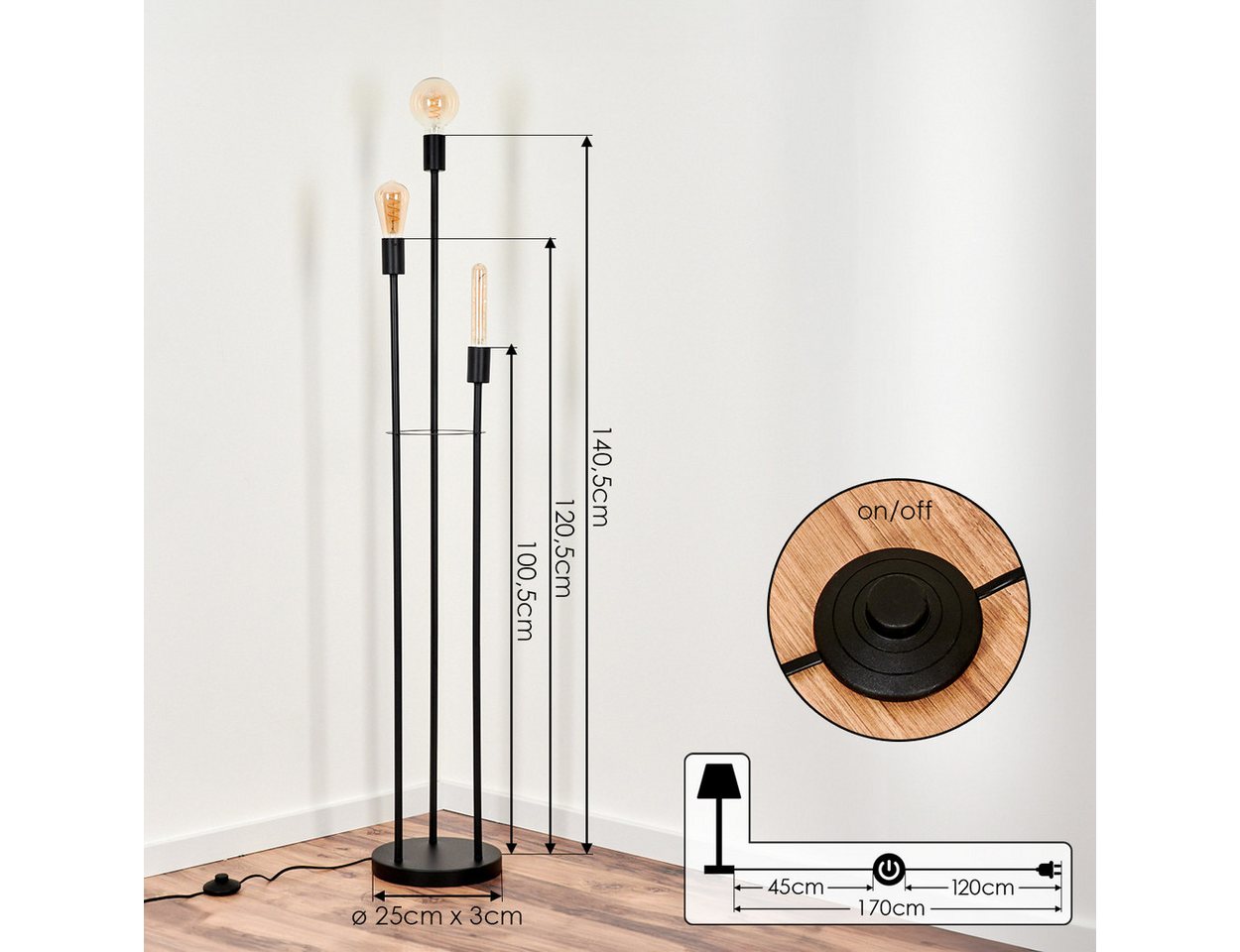 hofstein Stehlampe moderne Stehlampe aus Metall in Schwarz, ohne Leuchtmittel, Standlampe mit Fußsschaler am Kabel, 3 x E27, ohne Leuchtmittel Bild 5