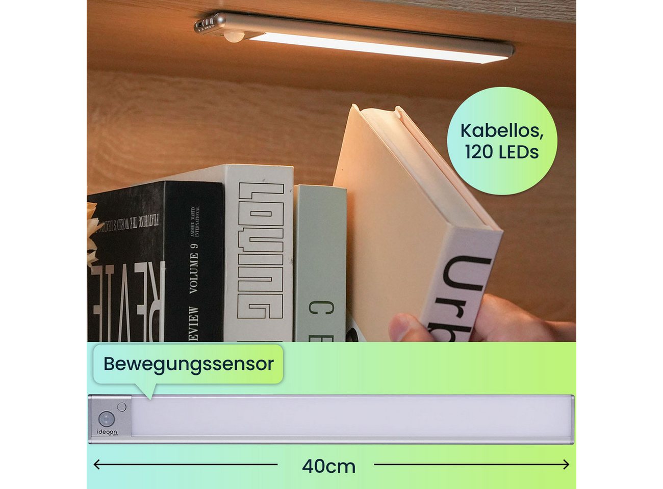shop'n smile ideoon LED Lichtleiste Flache Akku Lichtleiste, 40cm mit Bewegungssensor, 120 LEDs, LED, Schaltet sich automatisch ein/aus, 120 LEDs, wählbaren Lichtfarben