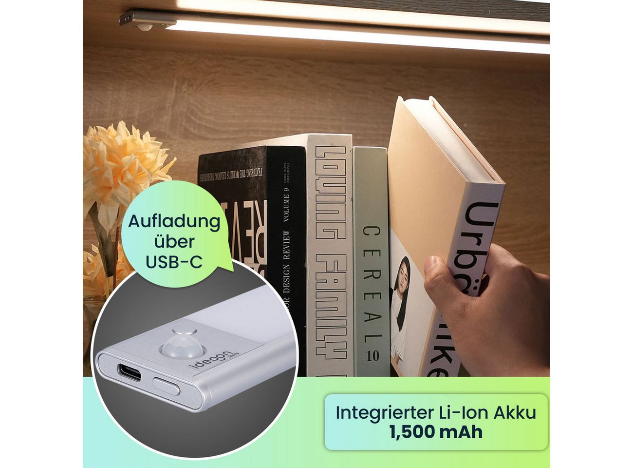 shop'n smile ideoon LED Lichtleiste Flache Akku Lichtleiste, 40cm mit Bewegungssensor, 120 LEDs, LED, Schaltet sich automatisch ein/aus, 120 LEDs, wählbaren Lichtfarben Bild 3