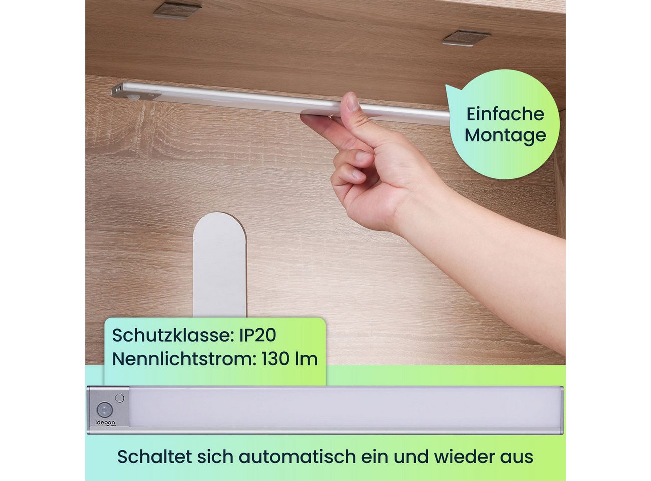 shop'n smile ideoon LED Lichtleiste Flache Akku Lichtleiste, 40cm mit Bewegungssensor, 120 LEDs, LED, Schaltet sich automatisch ein/aus, 120 LEDs, wählbaren Lichtfarben Bild 5