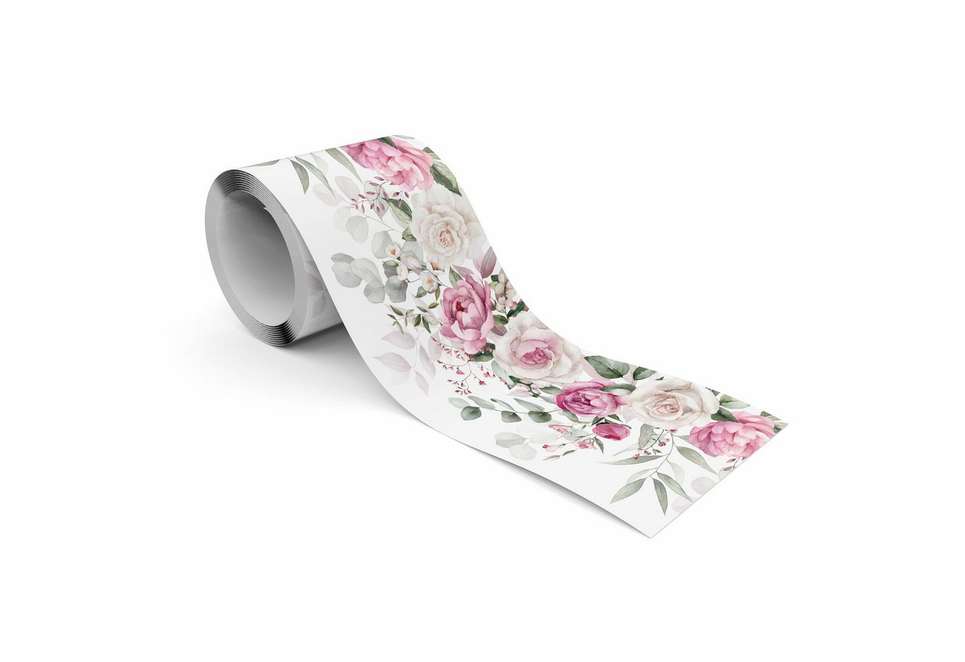 Muralo Bordüre Wandbordüre selbstklebend Blumen – Tapetenbordüre Wohnzimmer, floral, Aquarell-Rosen in Rosé mit Eukalyptus, 10 x 300 cm, abwischbar Bild 2