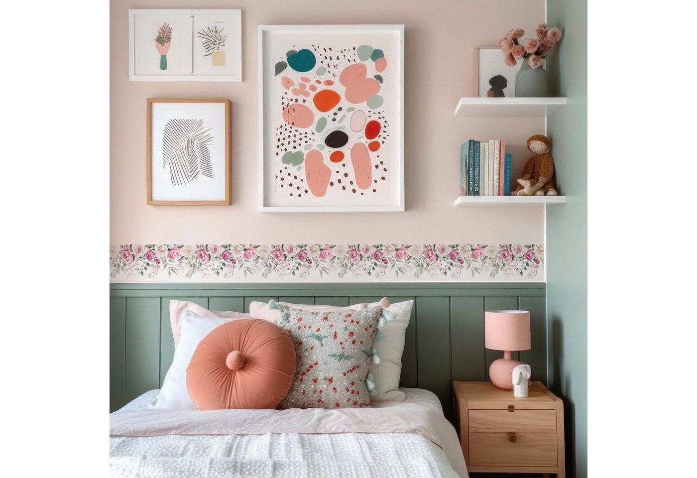 Muralo Bordüre Wandbordüre selbstklebend Blumen – Tapetenbordüre Wohnzimmer, floral, Aquarell-Rosen in Rosé mit Eukalyptus, 10 x 300 cm, abwischbar Bild 4