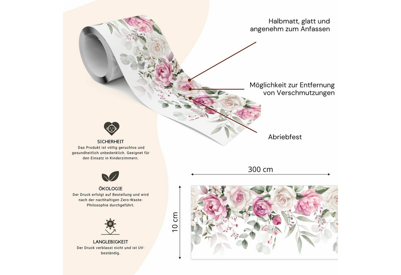 Muralo Bordüre Wandbordüre selbstklebend Blumen – Tapetenbordüre Wohnzimmer, floral, Aquarell-Rosen in Rosé mit Eukalyptus, 10 x 300 cm, abwischbar Bild 5