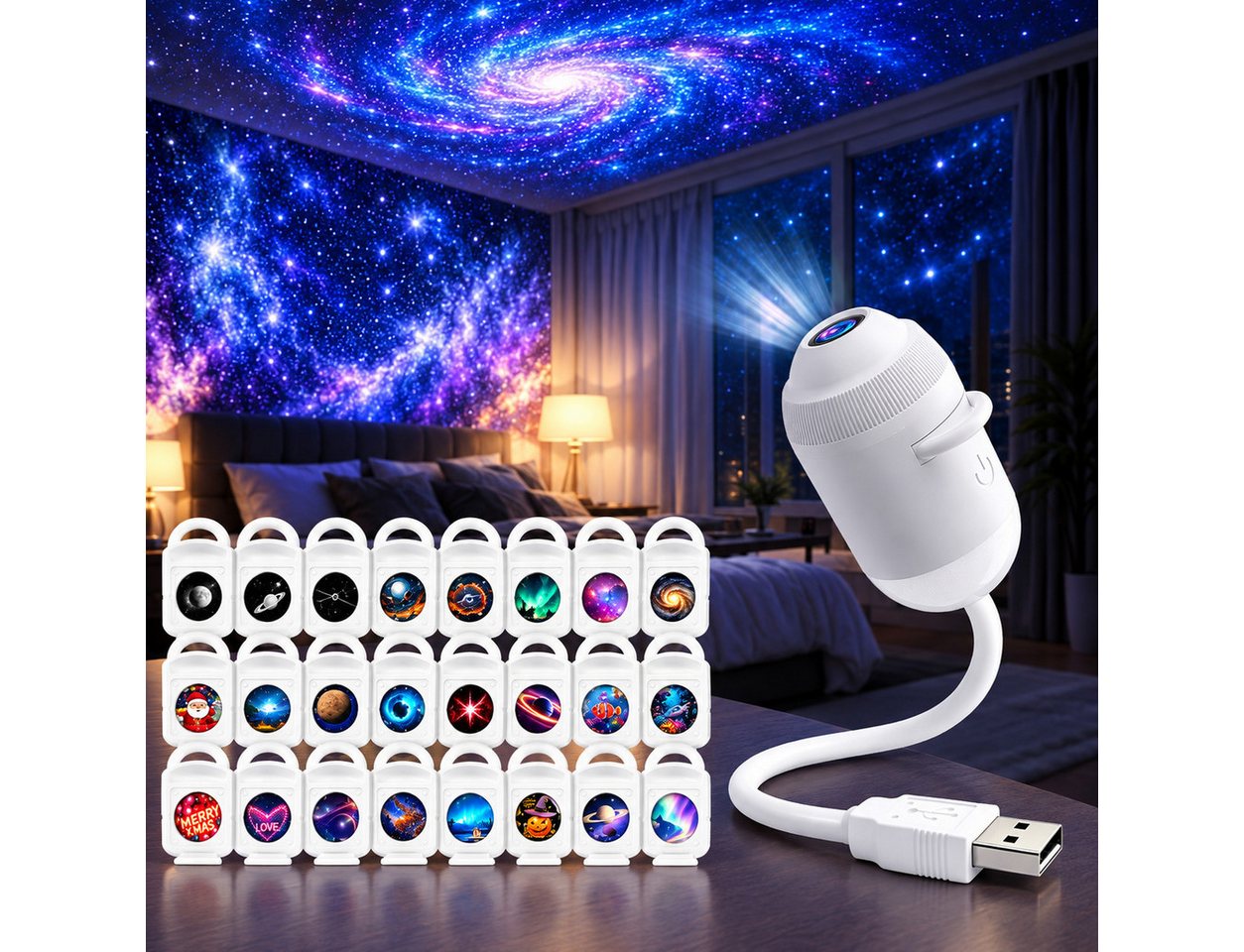 Fyrove LED-Sternenhimmel 2-in-1 Sternenhimmel Projektor mit 24 Motiven, dekoratives Nachtlicht, Sternenprojektor mit USB für Schlaf- und Kinderzimmer Bild 3