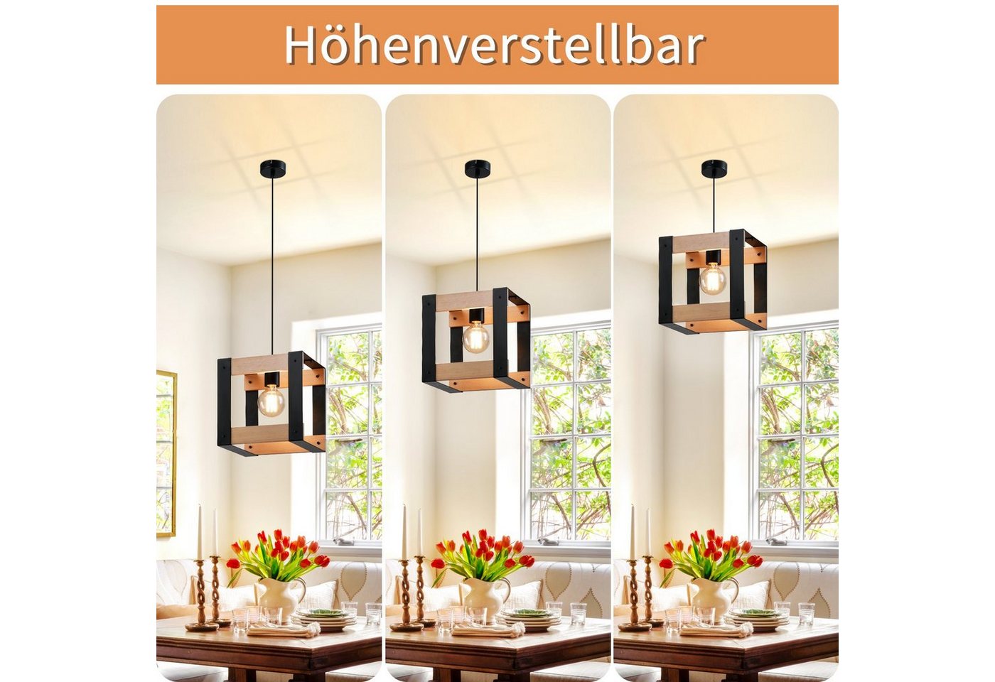 Nettlife Pendelleuchte 1/5flammig Holz Vintage E27 Schwarze Deckenlampe, Höhenverstellbar, LED wechselbar, für Esszimmer Küche Wohnzimmer Bild 2