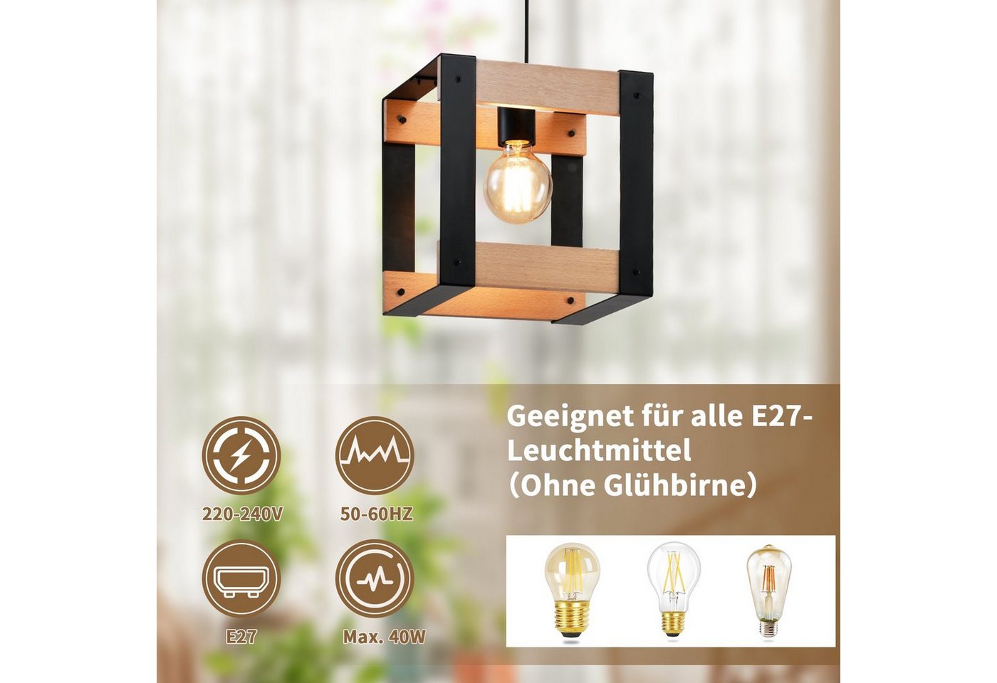 Nettlife Pendelleuchte 1/5flammig Holz Vintage E27 Schwarze Deckenlampe, Höhenverstellbar, LED wechselbar, für Esszimmer Küche Wohnzimmer Bild 3