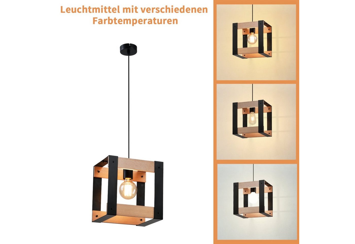 Nettlife Pendelleuchte 1/5flammig Holz Vintage E27 Schwarze Deckenlampe, Höhenverstellbar, LED wechselbar, für Esszimmer Küche Wohnzimmer Bild 5