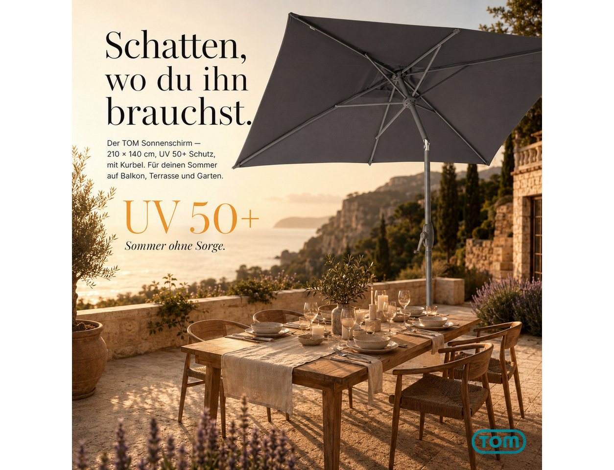 TOM Sonnenschirm Sonnenschirm mit Kurbel Anthrazit 140 x 210 cm, abknickbar, Tragetasche, 34mm Standrohr, 180 g/m² Polyester Bild 3
