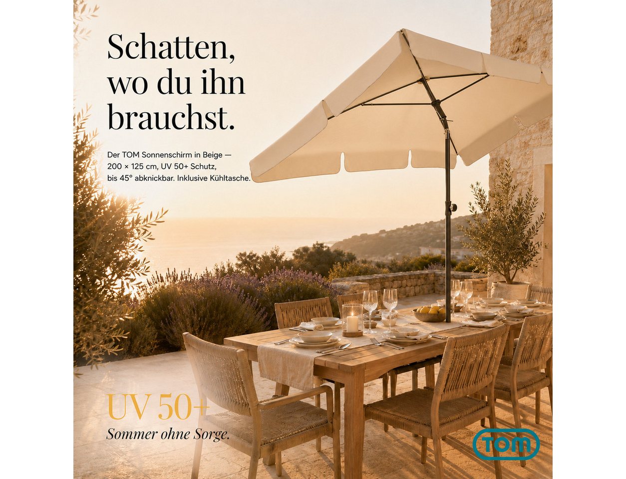TOM Sonnenschirm Sonnenschirm SU-100 Beige 125 x 200 cm, abknickbar, mit Kühltasche, LxB: 200x125 cm, abknickbar, UV-Schutz 50, 180 g/m² Polyester Bild 3