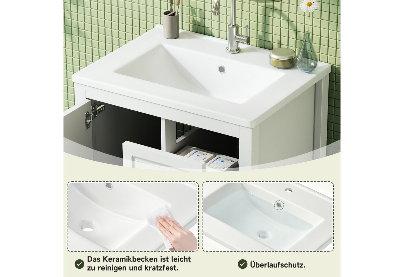 Celya Waschtisch freistehender Badezimmerwaschtisch mit 3 Schubladen und 1 Tür (geräuscharme Auszugsschienen, Soft-Close-Scharnier), Keramikbecken, lackierte Oberfläche ideal für Badezimmer Bild 3