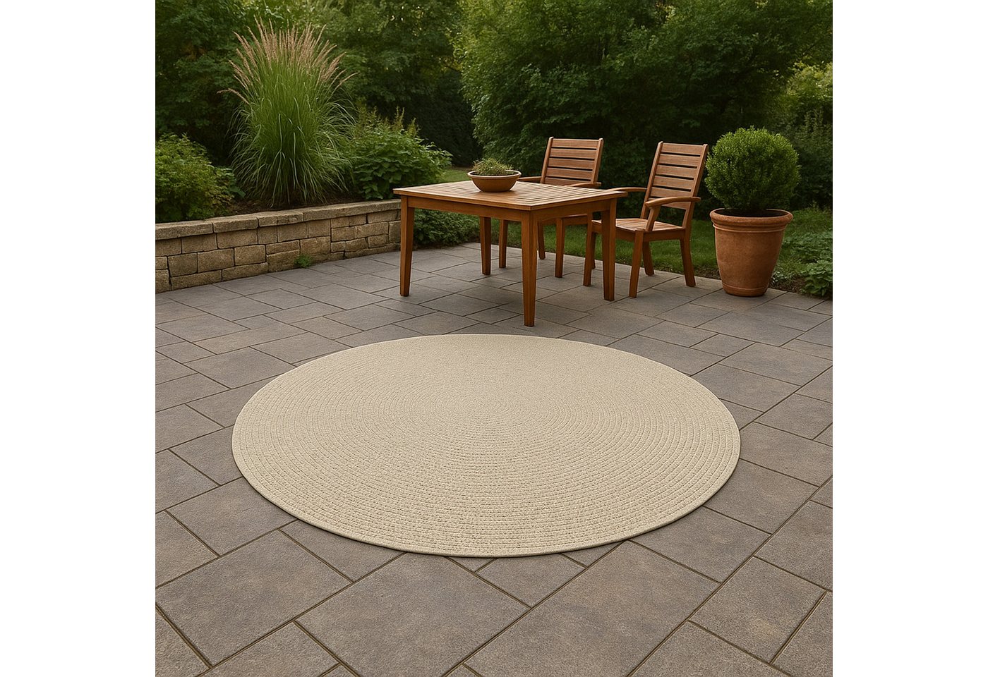 Carpetia Outdoorteppich Moderner Sisal-Look, rund, Höhe: 5 mm, Flachgewebe - robust und wetterfest, für Innen- und Außenbereiche Bild 4