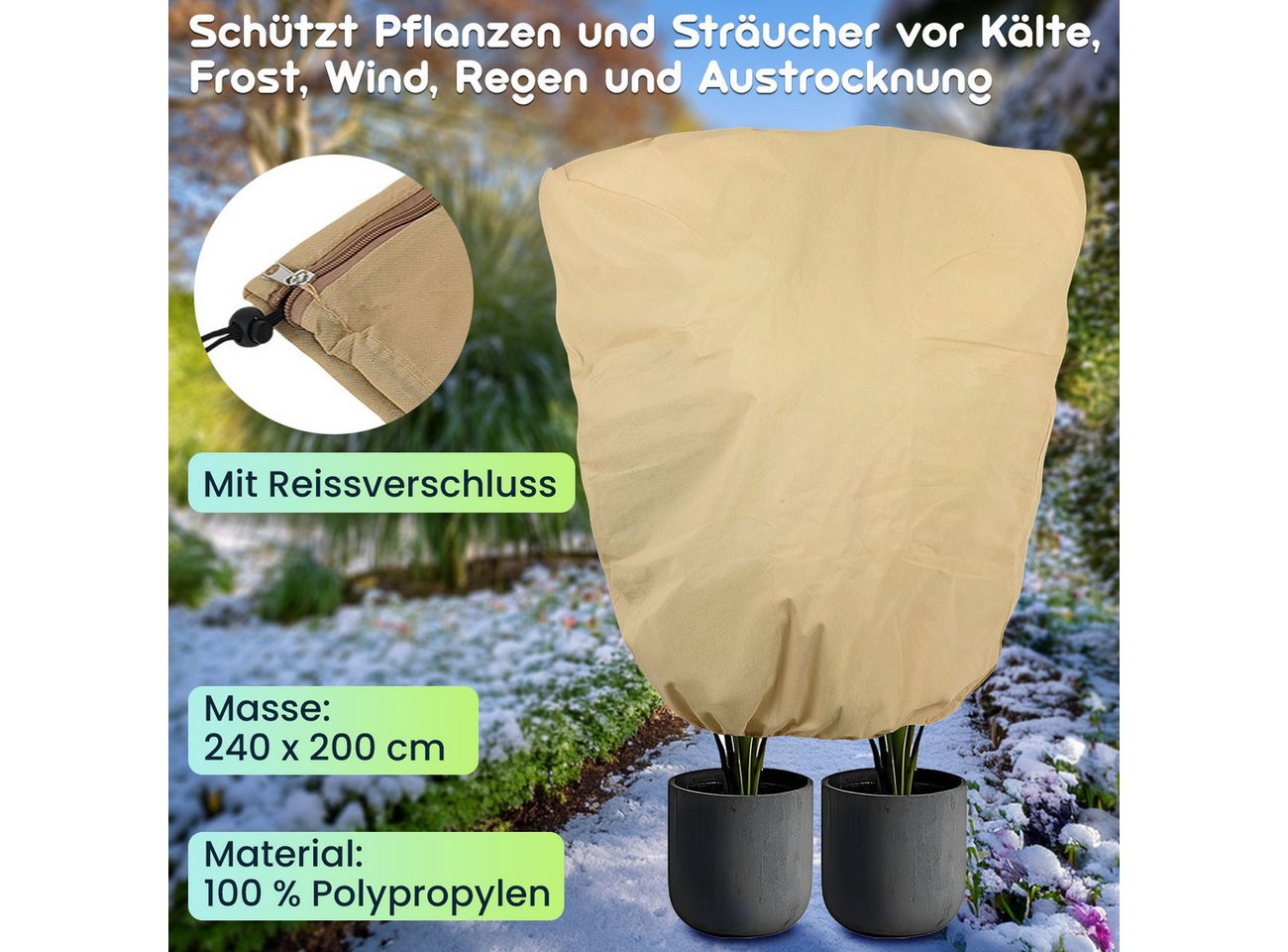 shop'n smile ideoon Winterschutzhaube XXL Pflanzenabdeckung Winterschutz 240x200cm Frostschutz Haube (1-St., 1er-Set & 2er-Set), 100 % Polypropylen, Zugband Reißverschluss, wasser-/lichtdurchlässig