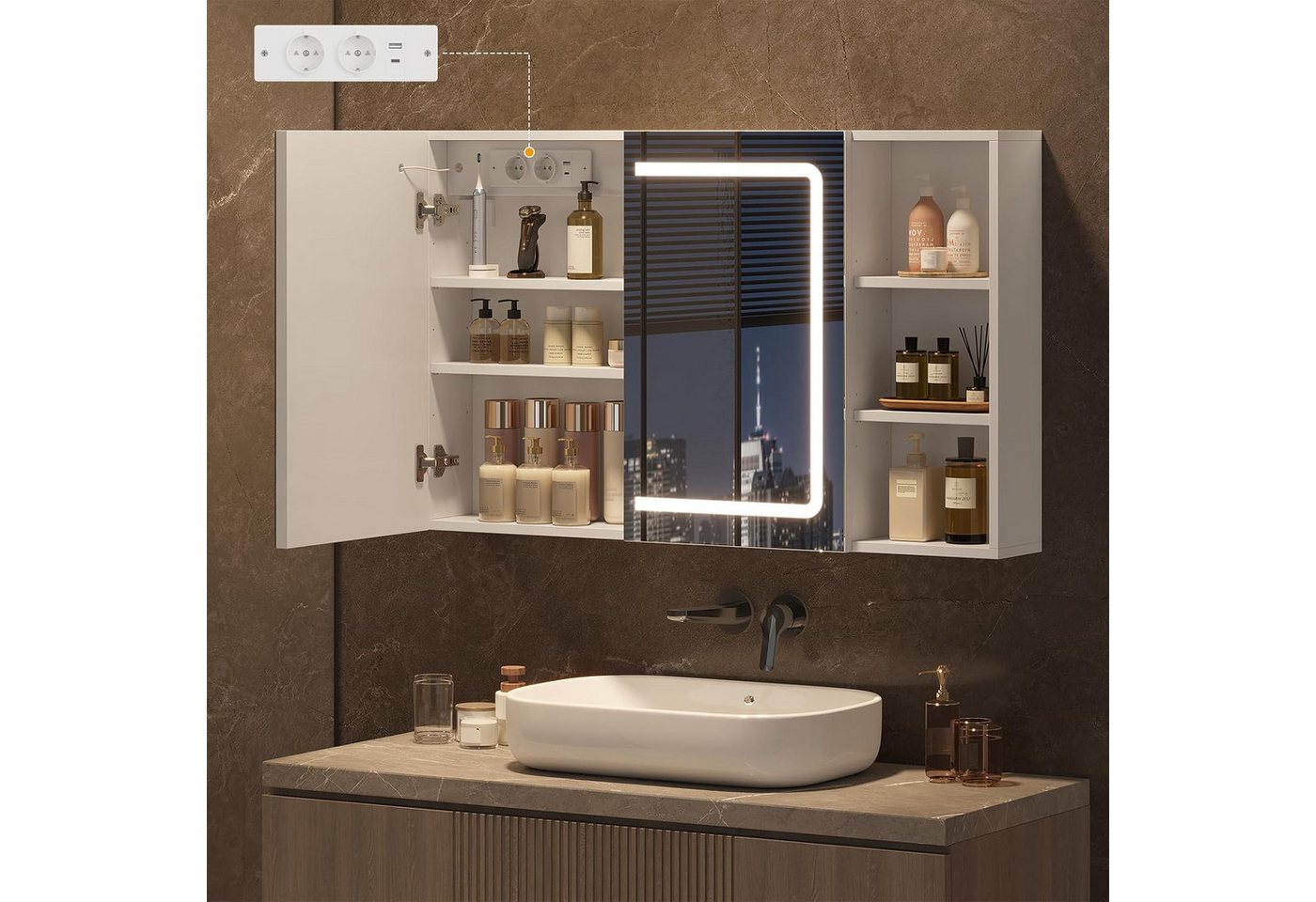 MSMASK Badezimmerspiegelschrank mit LED-Beleuchtung und Steckdosenleiste, 100 x 65 x 17cm, Weiß (1-St) mit HD-Spiegel, offenen Regalen und 3-fach dimmbarer Farbtemperatur