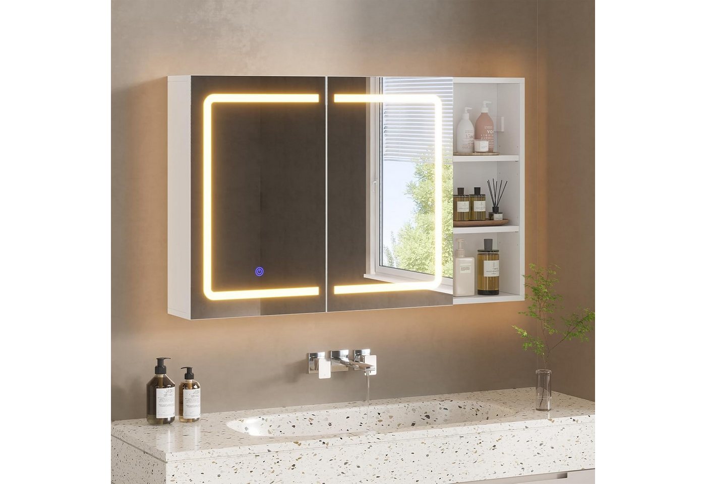 MSMASK Badezimmerspiegelschrank mit LED-Beleuchtung und Steckdosenleiste, 100 x 65 x 17cm, Weiß (1-St) mit HD-Spiegel, offenen Regalen und 3-fach dimmbarer Farbtemperatur Bild 2