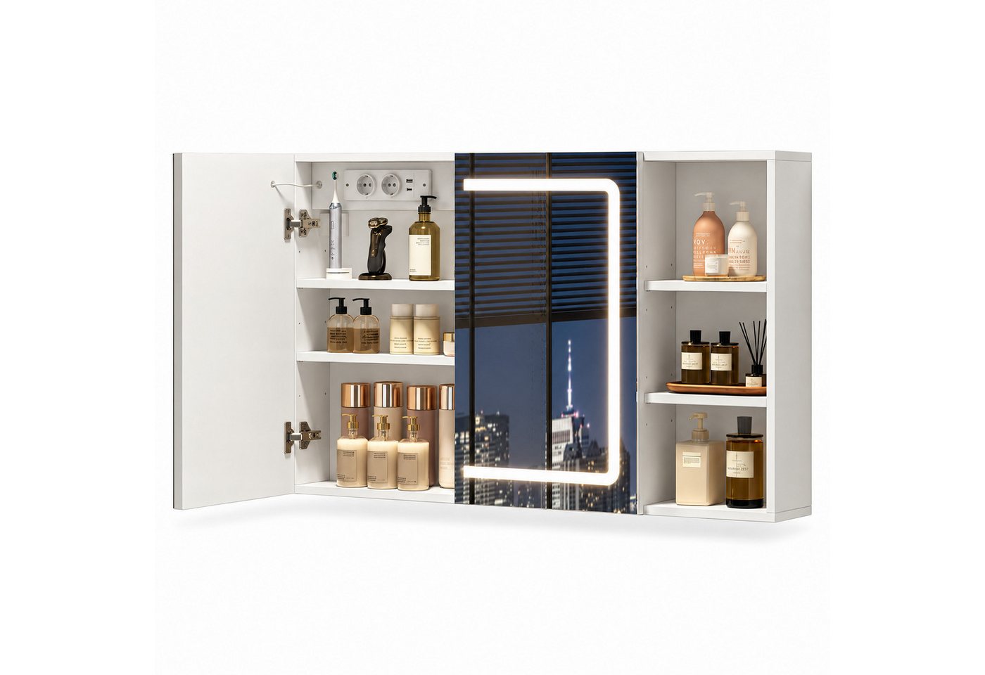 MSMASK Badezimmerspiegelschrank mit LED-Beleuchtung und Steckdosenleiste, 100 x 65 x 17cm, Weiß (1-St) mit HD-Spiegel, offenen Regalen und 3-fach dimmbarer Farbtemperatur Bild 3