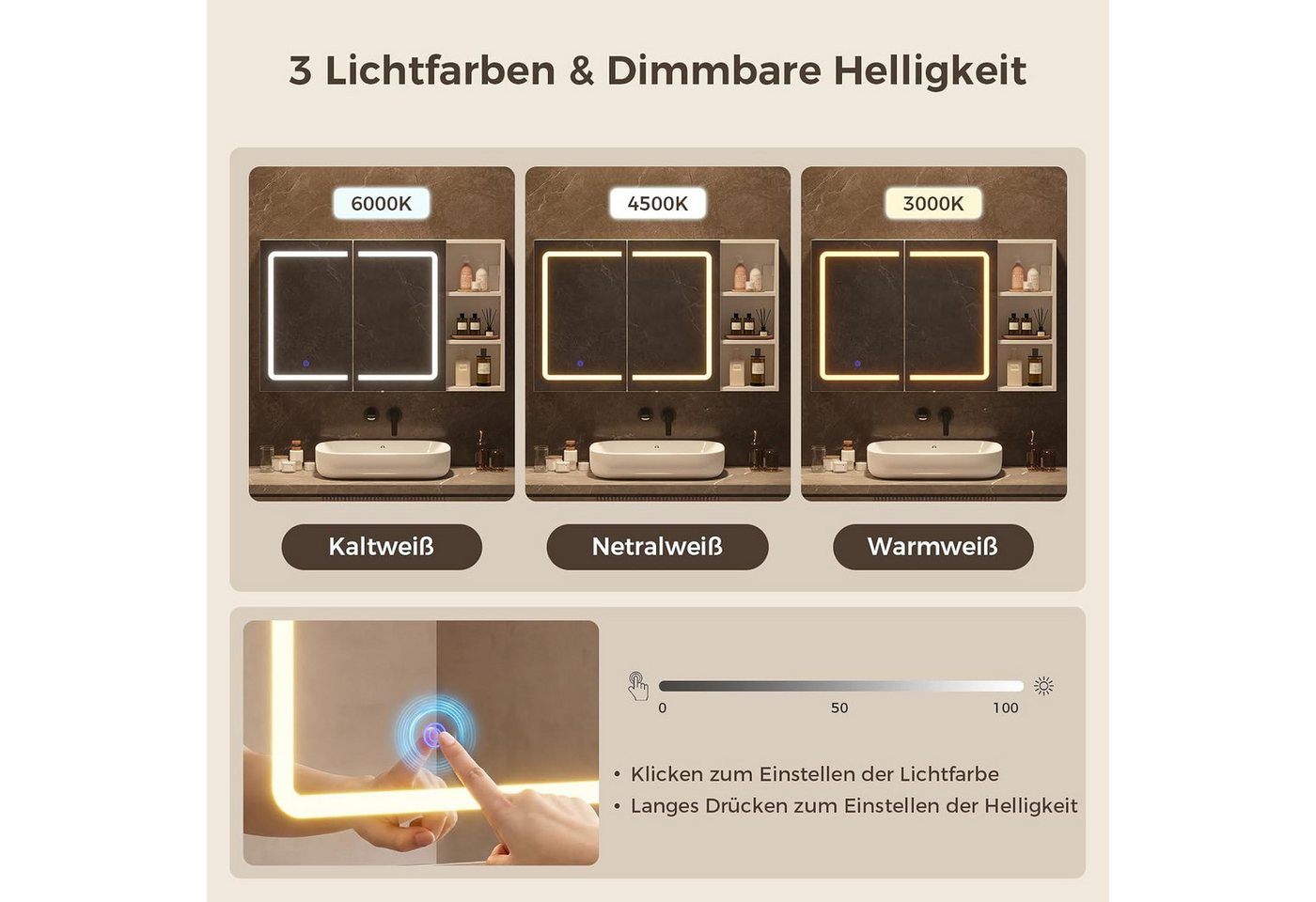 MSMASK Badezimmerspiegelschrank mit LED-Beleuchtung und Steckdosenleiste, 100 x 65 x 17cm, Weiß (1-St) mit HD-Spiegel, offenen Regalen und 3-fach dimmbarer Farbtemperatur Bild 4