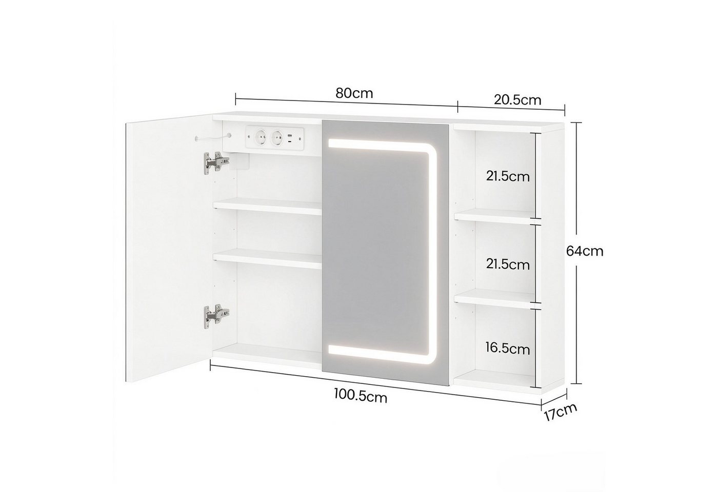 MSMASK Badezimmerspiegelschrank mit LED-Beleuchtung und Steckdosenleiste, 100 x 65 x 17cm, Weiß (1-St) mit HD-Spiegel, offenen Regalen und 3-fach dimmbarer Farbtemperatur Bild 5