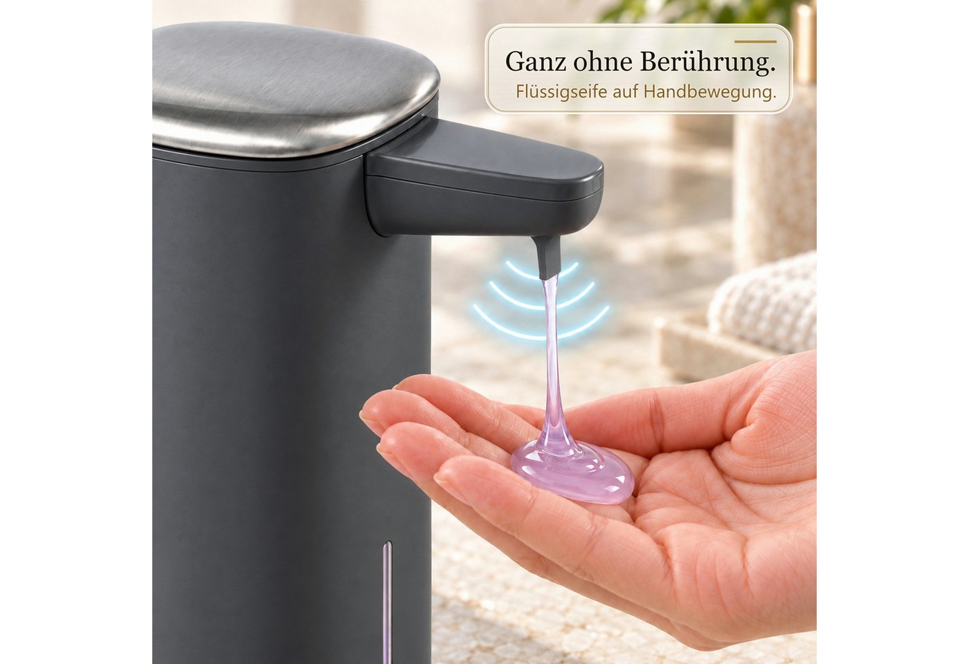 Floordirekt Seifenspender Automatischer Flüssigseifenspender Liora Edelstahl 250 ml, Berührungslose Dosierung, 2 Dosierstufen, USB-C-Akku, IPX4