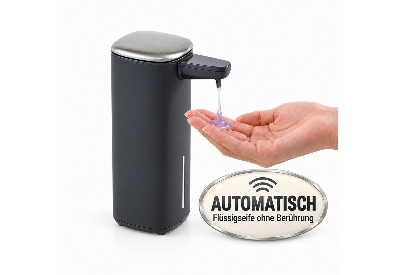 Floordirekt Seifenspender Automatischer Flüssigseifenspender Liora Edelstahl 250 ml, Berührungslose Dosierung, 2 Dosierstufen, USB-C-Akku, IPX4 Bild 3
