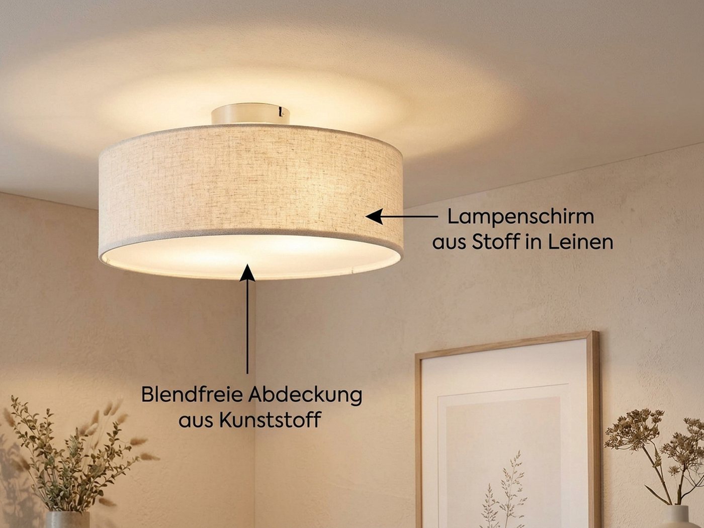 meineWunschleuchte Deckenleuchte mit Stoff Lampenschirm Leinen Ø 40cm, ohne Leuchtmittel, Stoff-Lampe, gemütliche Deckenlampe, E14 Schlafzimmerlampe rund Bild 2