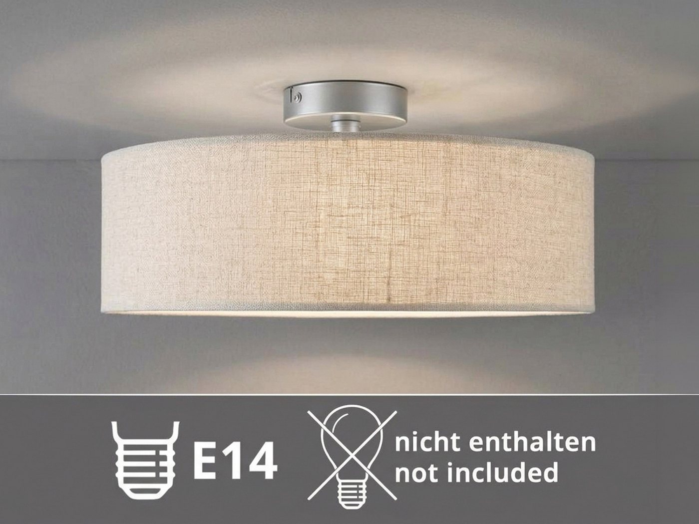 meineWunschleuchte Deckenleuchte mit Stoff Lampenschirm Leinen Ø 40cm, ohne Leuchtmittel, Stoff-Lampe, gemütliche Deckenlampe, E14 Schlafzimmerlampe rund Bild 3
