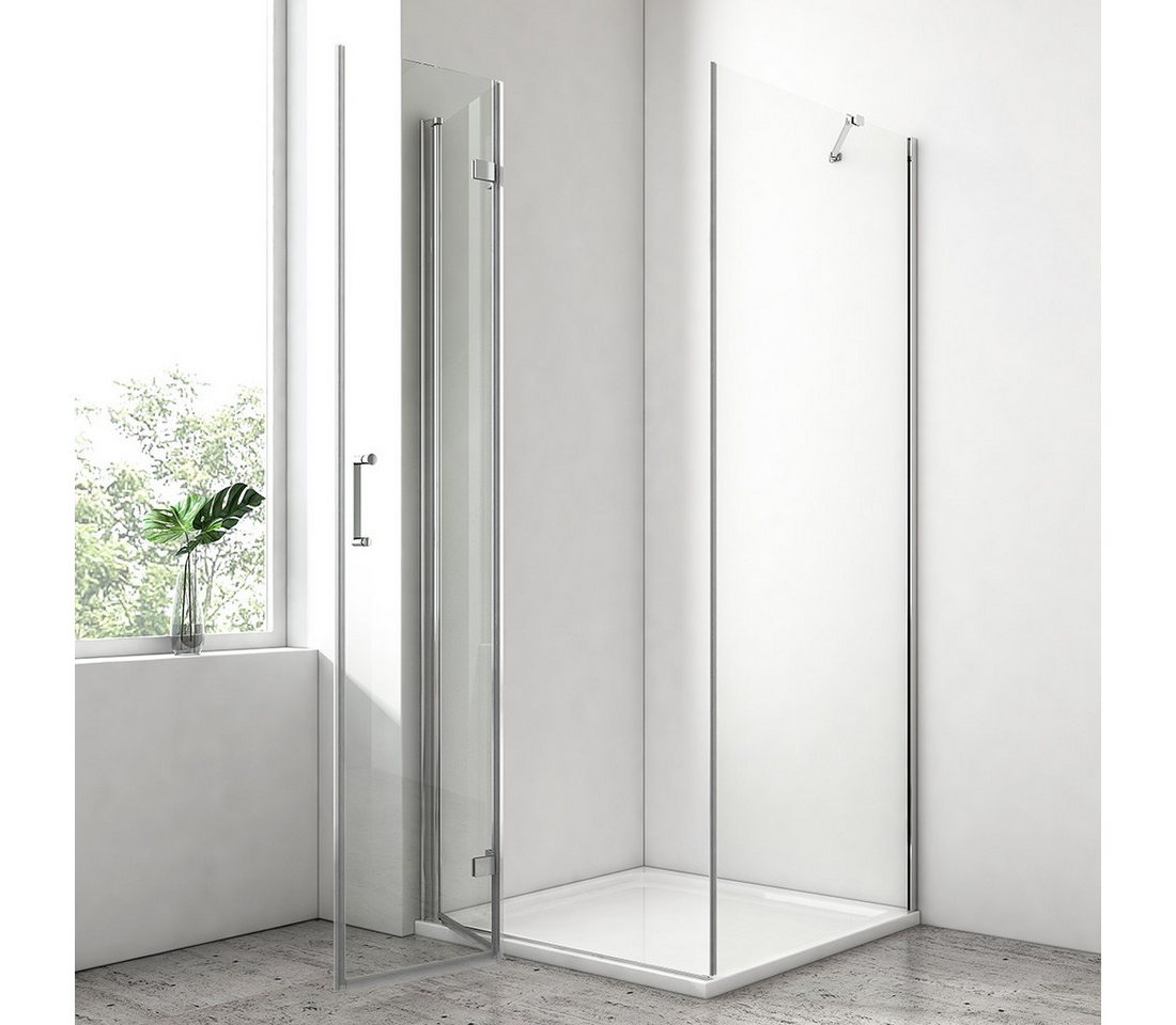 EMKE Eckdusche Duschkabine mit Falttür, verstellbarer Duschabtrennung und Nano-Glas, BxT: 80x80 cm, Sicherheitsglas, Set, Duschtür mit Seitenwand, Sicherheitsglas, links und rechts montierbar