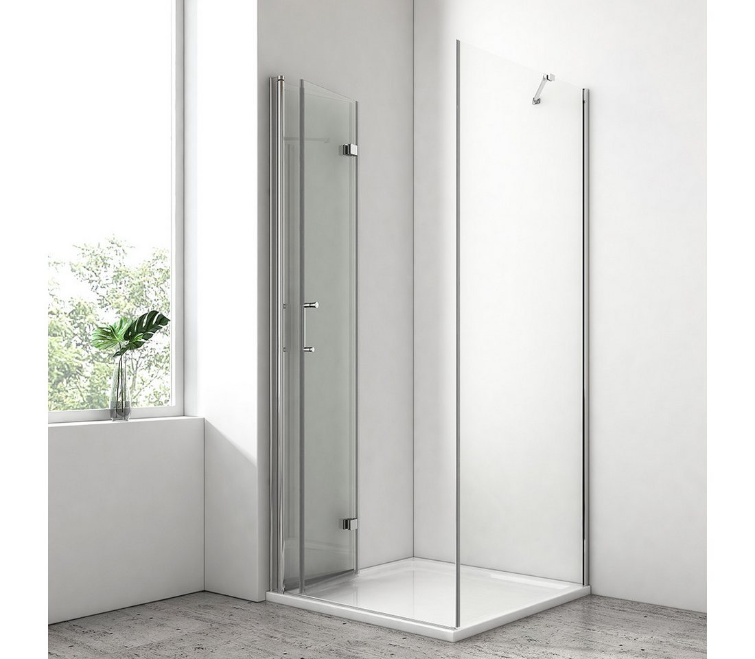 EMKE Eckdusche Duschkabine mit Falttür, verstellbarer Duschabtrennung und Nano-Glas, BxT: 80x80 cm, Sicherheitsglas, Set, Duschtür mit Seitenwand, Sicherheitsglas, links und rechts montierbar Bild 2