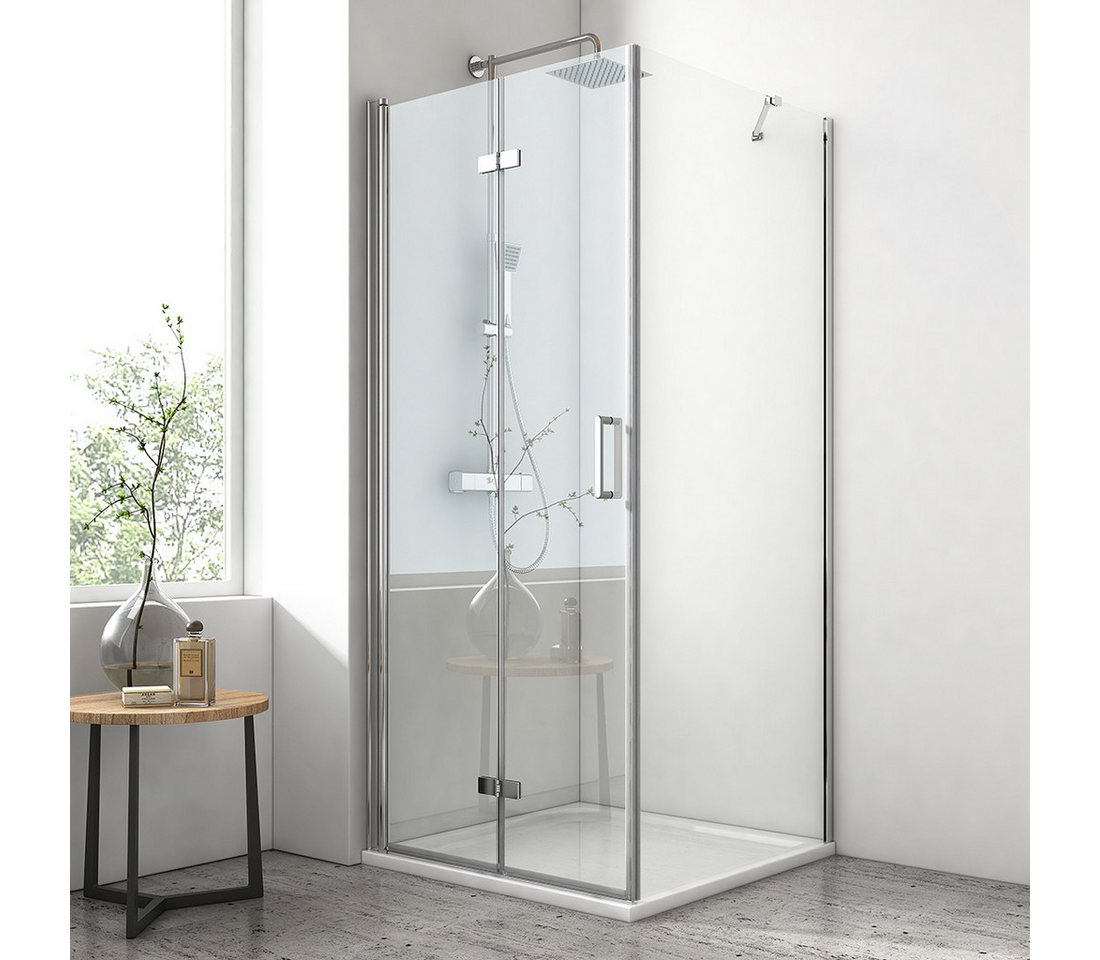 EMKE Eckdusche Duschkabine mit Falttür, verstellbarer Duschabtrennung und Nano-Glas, BxT: 80x80 cm, Sicherheitsglas, Set, Duschtür mit Seitenwand, Sicherheitsglas, links und rechts montierbar Bild 3