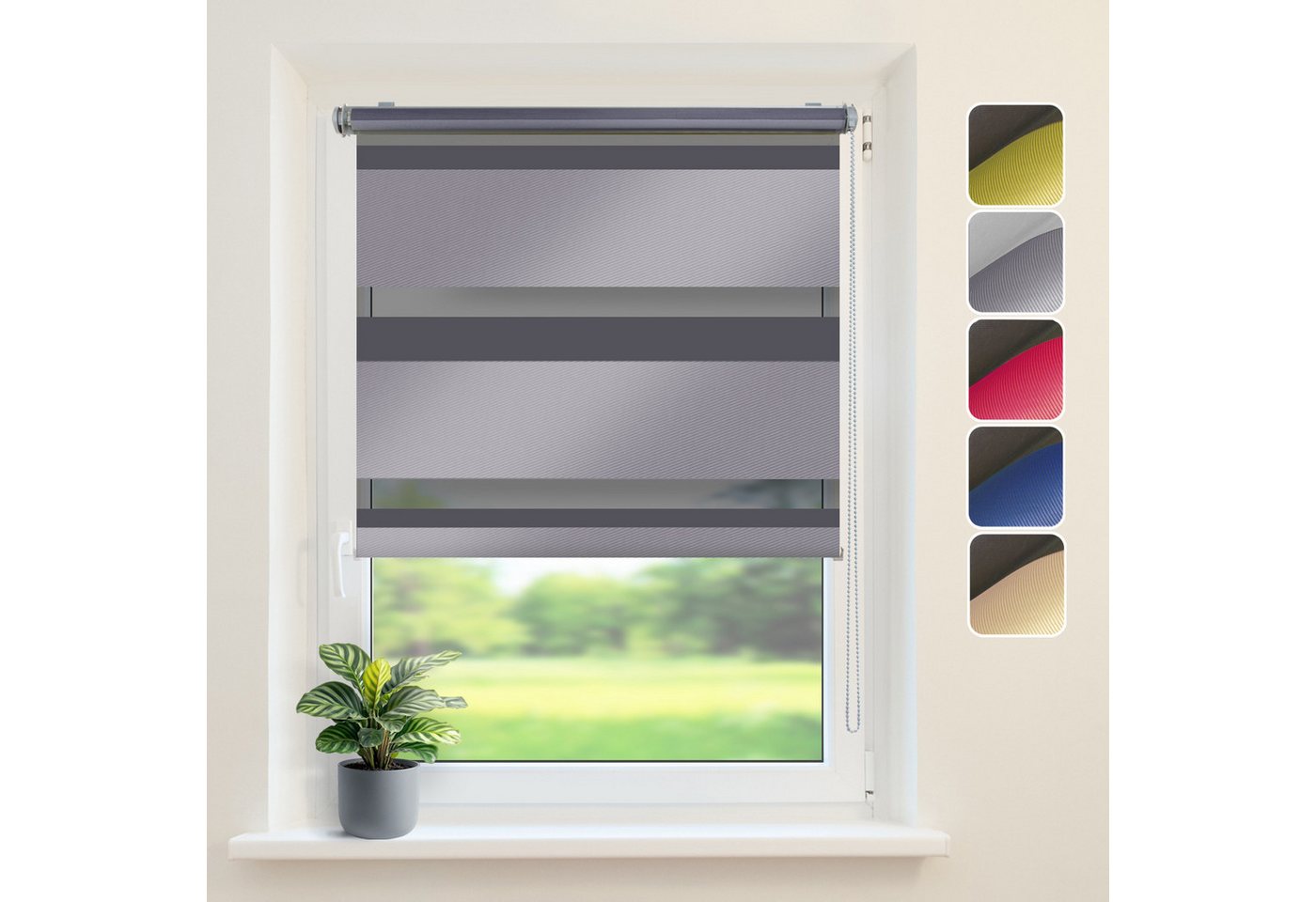 Doppelrollo Klemmfix "Metallic", Grau, 75x150 cm, DomDeco, Klemm- oder Schraubmontage, Klemmbar, Kettenzug, ohne Bohren, Sicht- und Blendschutz Bild 5