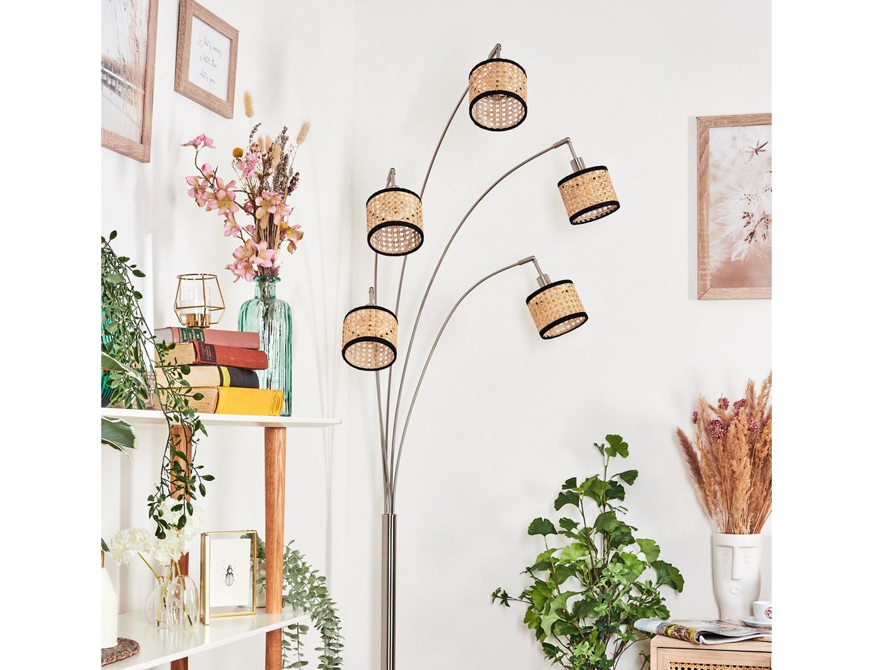 hofstein Stehlampe Stehlampe aus Metall/Rattan/Stoff in Schwarz/Nickel-matt/Naturfarben, ohne Leuchtmittel, moderne Stehleuchte verstellbar mit Marmorfuß und Fußschalter, E14 Bild 2