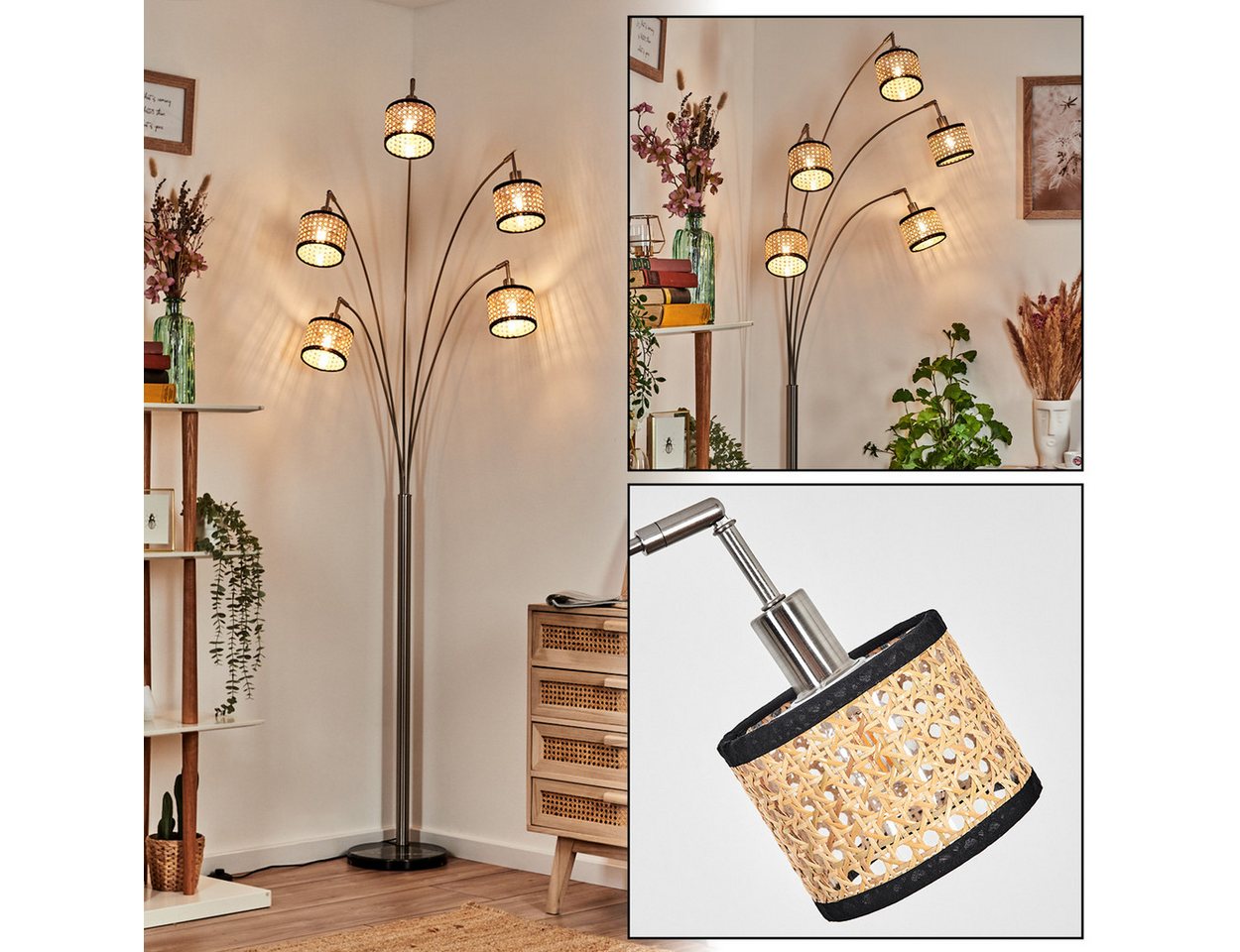 hofstein Stehlampe Stehlampe aus Metall/Rattan/Stoff in Schwarz/Nickel-matt/Naturfarben, ohne Leuchtmittel, moderne Stehleuchte verstellbar mit Marmorfuß und Fußschalter, E14 Bild 3