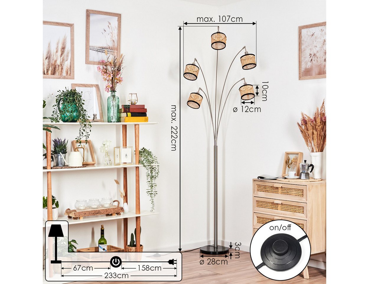 hofstein Stehlampe Stehlampe aus Metall/Rattan/Stoff in Schwarz/Nickel-matt/Naturfarben, ohne Leuchtmittel, moderne Stehleuchte verstellbar mit Marmorfuß und Fußschalter, E14 Bild 4