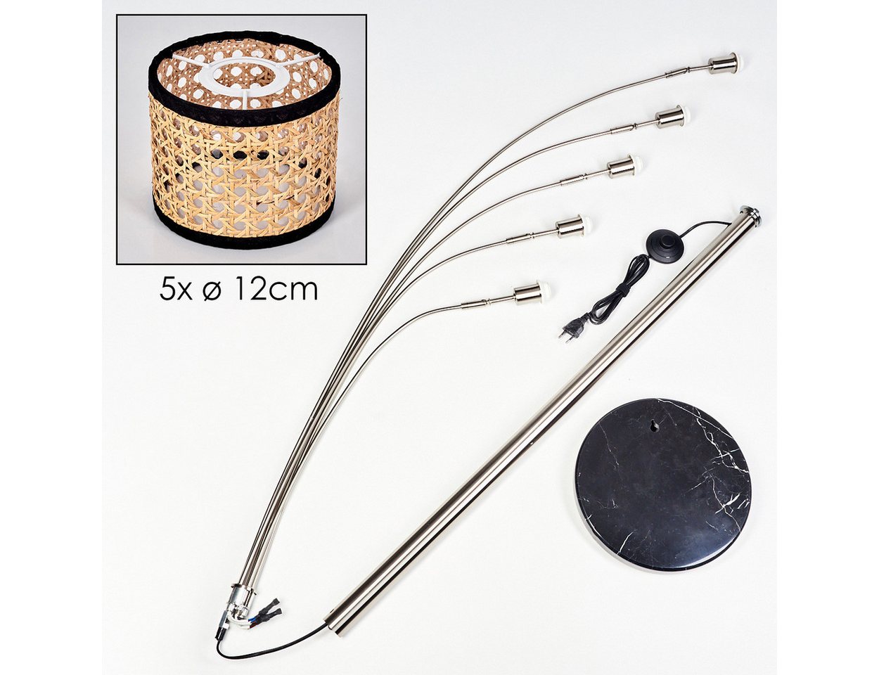 hofstein Stehlampe Stehlampe aus Metall/Rattan/Stoff in Schwarz/Nickel-matt/Naturfarben, ohne Leuchtmittel, moderne Stehleuchte verstellbar mit Marmorfuß und Fußschalter, E14 Bild 5