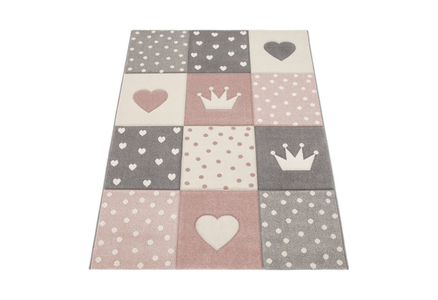 KADIMA DESIGN Kinderteppich Herz‑Kronen‑Patchwork‑Muster Kinderzimmer Kinderteppich, Läufer, Höhe: 16 mm, Florhöhe: 12 mm, 100% Polypropylen, Rechteckig, 80x150cm, Pink Bild 2