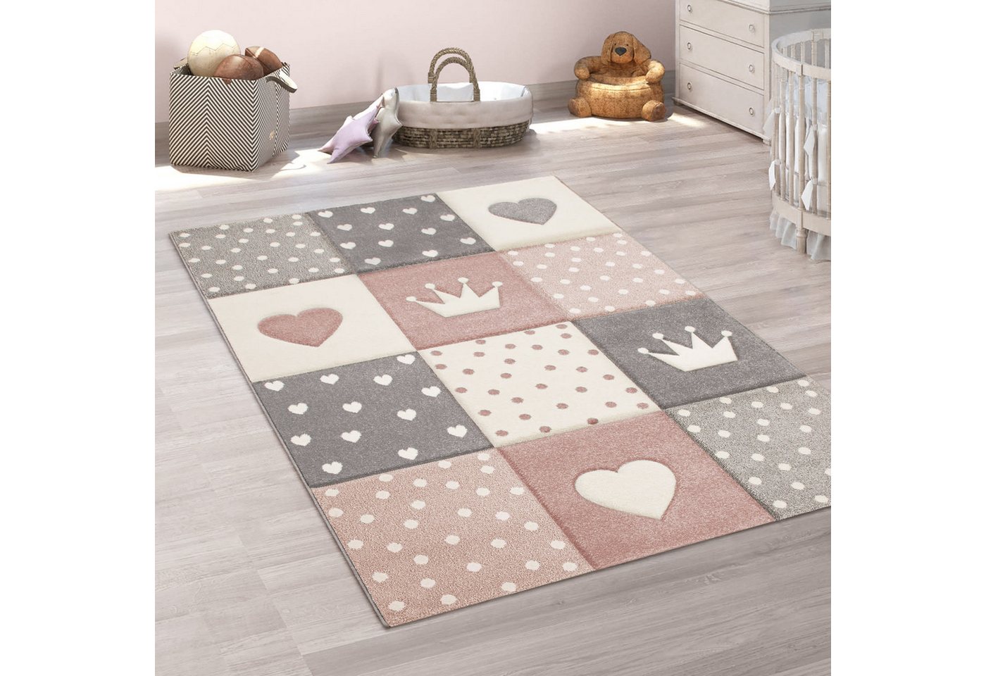 KADIMA DESIGN Kinderteppich Herz‑Kronen‑Patchwork‑Muster Kinderzimmer Kinderteppich, Läufer, Höhe: 16 mm, Florhöhe: 12 mm, 100% Polypropylen, Rechteckig, 80x150cm, Pink Bild 3
