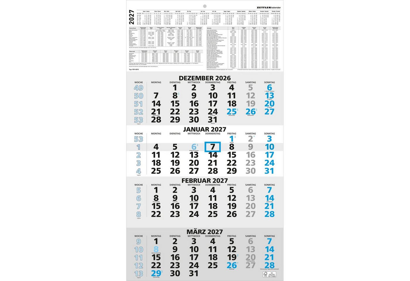 Wandkalender ZETTLER 4-Monatskalender blau 2027