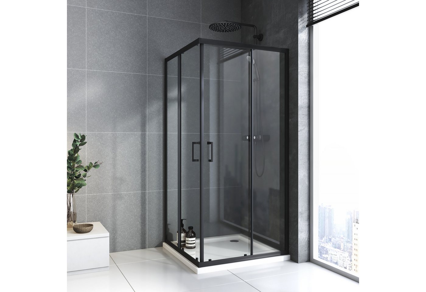 Boromal Eckdusche Duschkabine Schwarz Eckeinstieg mit schiebetür 75x90 75x75 80x80 90x90, BxT: 90x80 cm, Alu-Rahmen, einstellbar Alu-profile, Duschabtrennung für Dusche, 16 Türrollen, EasyClean Funktion, links und recht montierbar