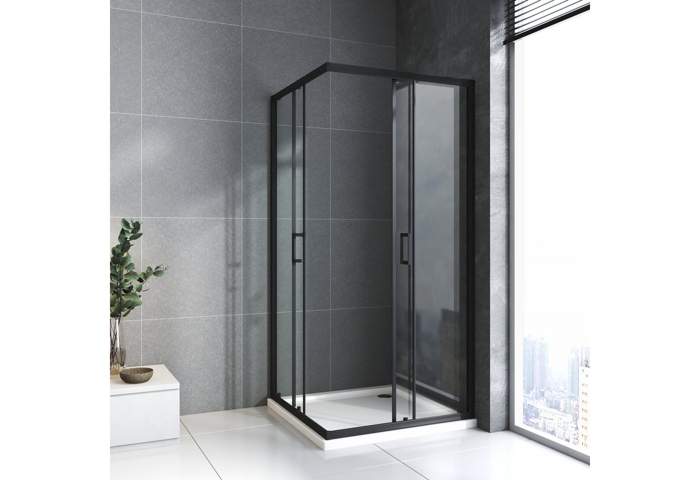 Boromal Eckdusche Duschkabine Schwarz Eckeinstieg mit schiebetür 75x90 75x75 80x80 90x90, BxT: 90x80 cm, Alu-Rahmen, einstellbar Alu-profile, Duschabtrennung für Dusche, 16 Türrollen, EasyClean Funktion, links und recht montierbar Bild 2