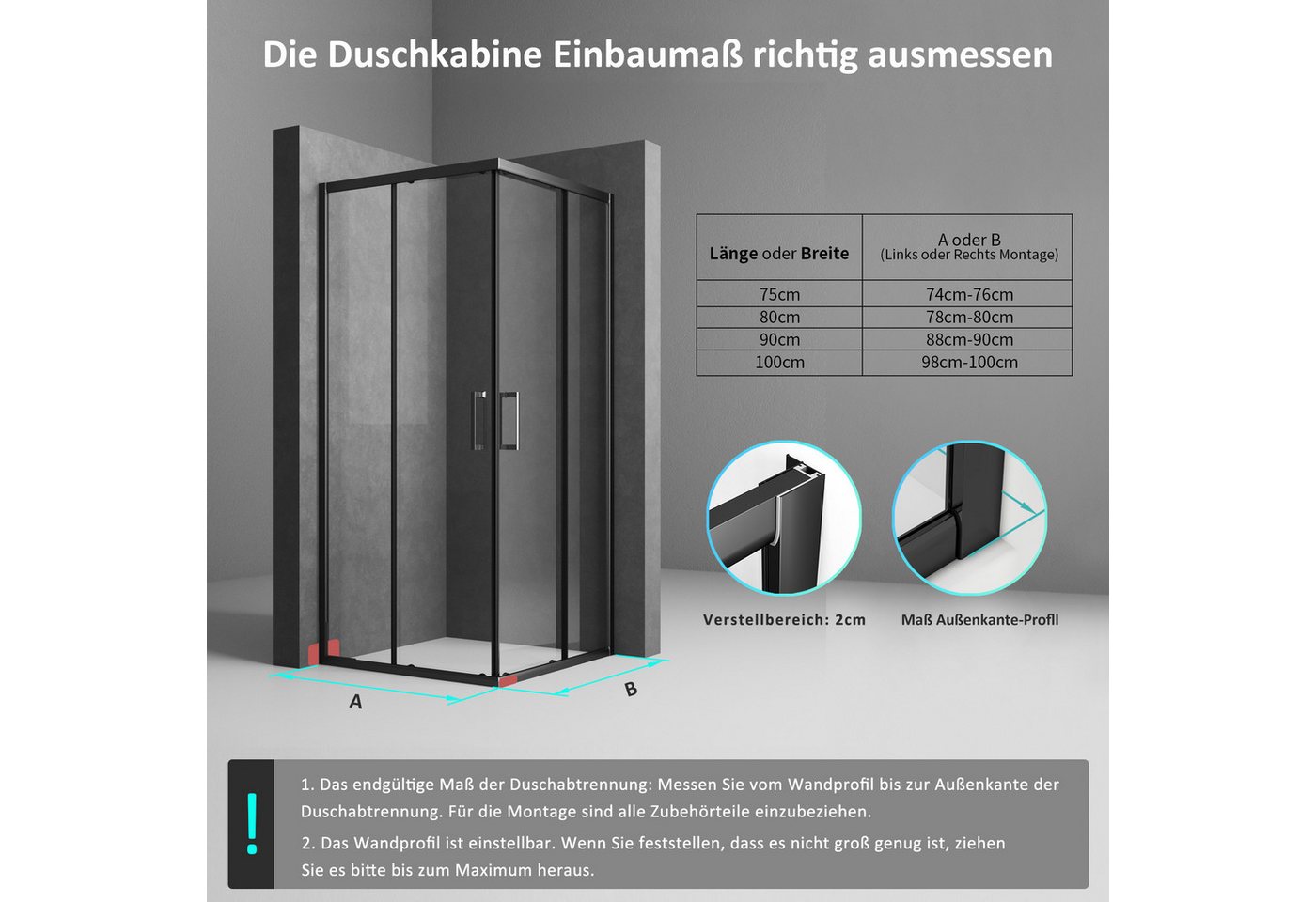 Boromal Eckdusche Duschkabine Schwarz Eckeinstieg mit schiebetür 75x90 75x75 80x80 90x90, BxT: 90x80 cm, Alu-Rahmen, einstellbar Alu-profile, Duschabtrennung für Dusche, 16 Türrollen, EasyClean Funktion, links und recht montierbar Bild 3