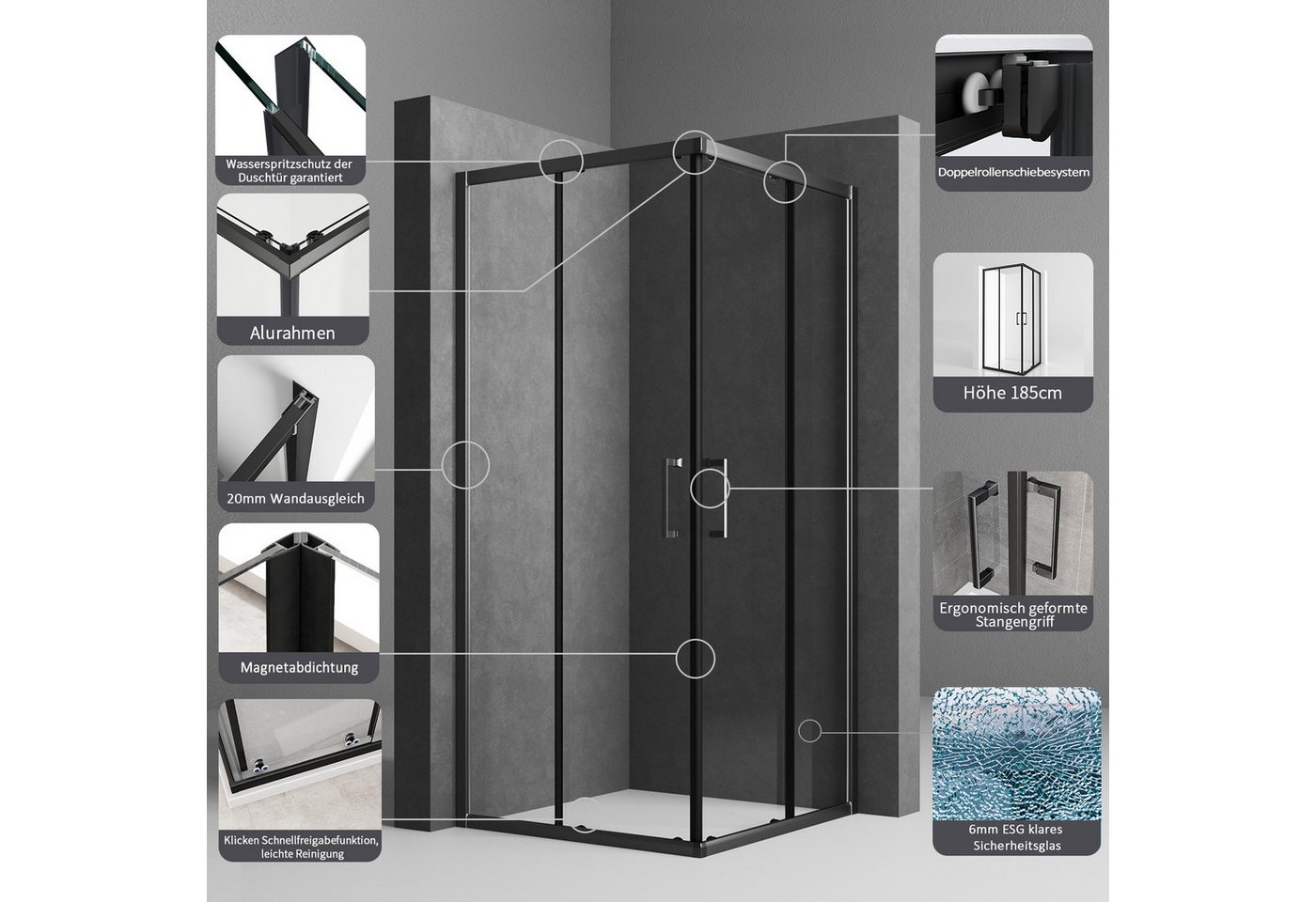 Boromal Eckdusche Duschkabine Schwarz Eckeinstieg mit schiebetür 75x90 75x75 80x80 90x90, BxT: 90x80 cm, Alu-Rahmen, einstellbar Alu-profile, Duschabtrennung für Dusche, 16 Türrollen, EasyClean Funktion, links und recht montierbar Bild 4