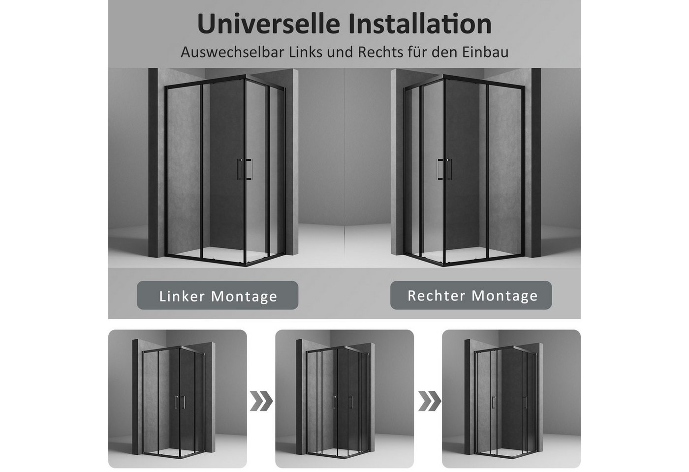 Boromal Eckdusche Duschkabine Schwarz Eckeinstieg mit schiebetür 75x90 75x75 80x80 90x90, BxT: 90x80 cm, Alu-Rahmen, einstellbar Alu-profile, Duschabtrennung für Dusche, 16 Türrollen, EasyClean Funktion, links und recht montierbar Bild 5